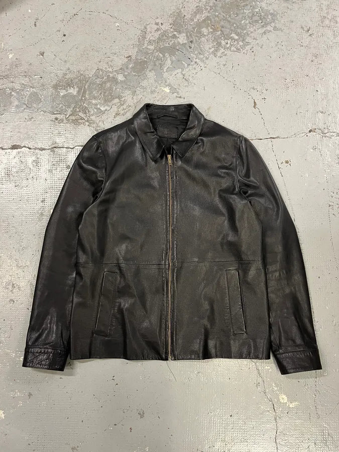 2000s Prada Pure Black Leather Jacket goDVXOo 0