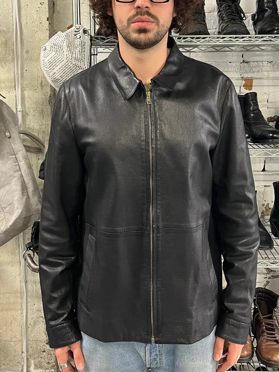 2000s Prada Pure Black Leather Jacket goDVXOo 1