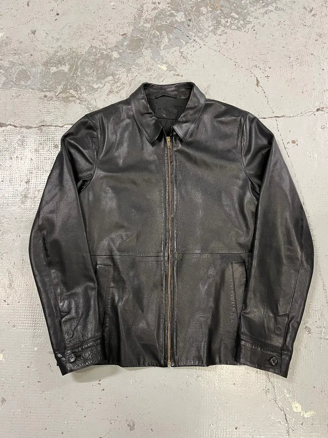 2000s Prada Pure Black Leather Jacket goDVXOo 3