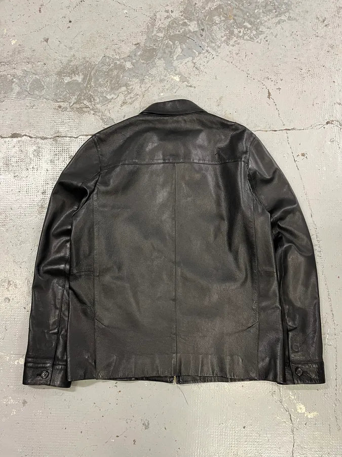 2000s Prada Pure Black Leather Jacket goDVXOo 6