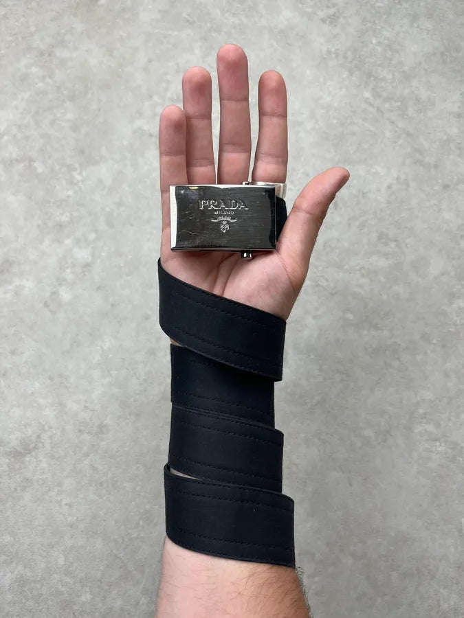 2000s Prada Silver Grey Logo Buckle Navy Belt OPUZzfN 0