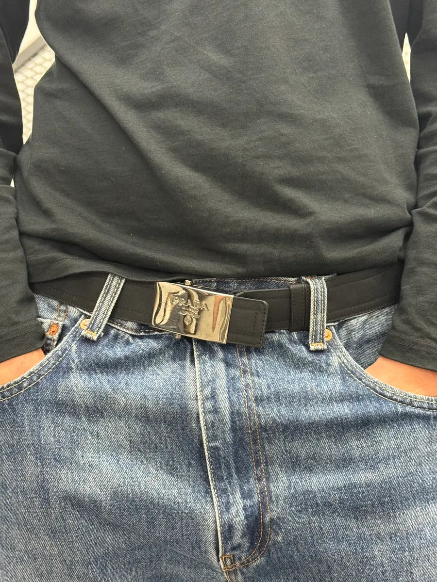 2000s Prada Silver Grey Logo Buckle Navy Belt OPUZzfN 1