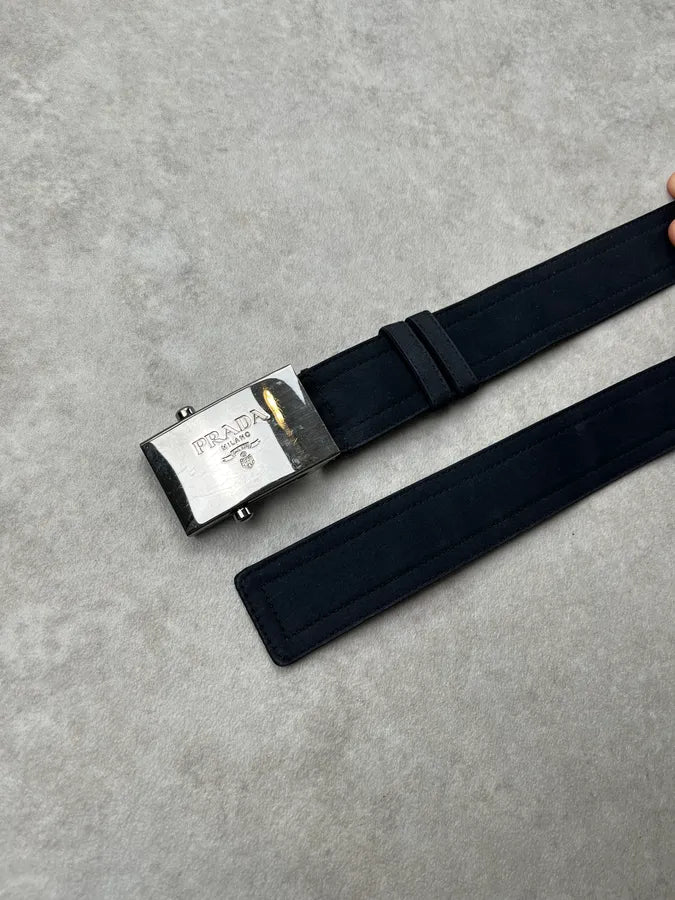 2000s Prada Silver Grey Logo Buckle Navy Belt OPUZzfN 3
