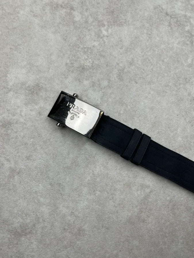 2000s Prada Silver Grey Logo Buckle Navy Belt OPUZzfN 4