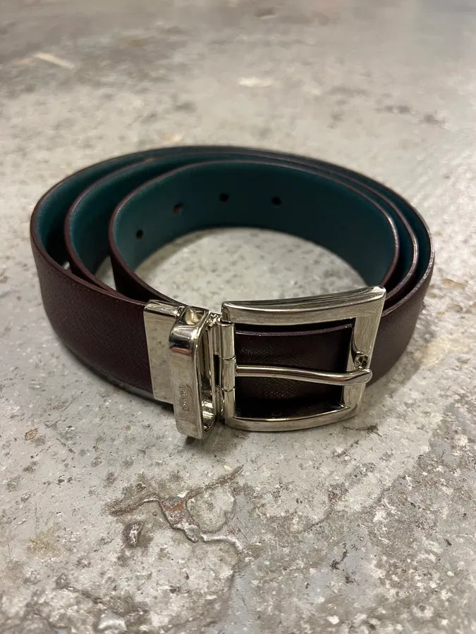 2000s Prada Two Sides Blue & Brown Reversible Leather Belt KqpyPSd 6