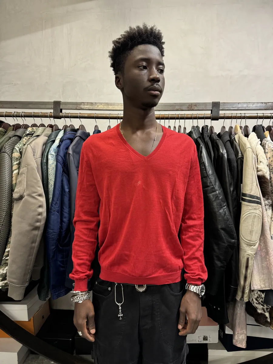 2000s Prada V-Neck Red Glamour Sweater AbLjnoj 0