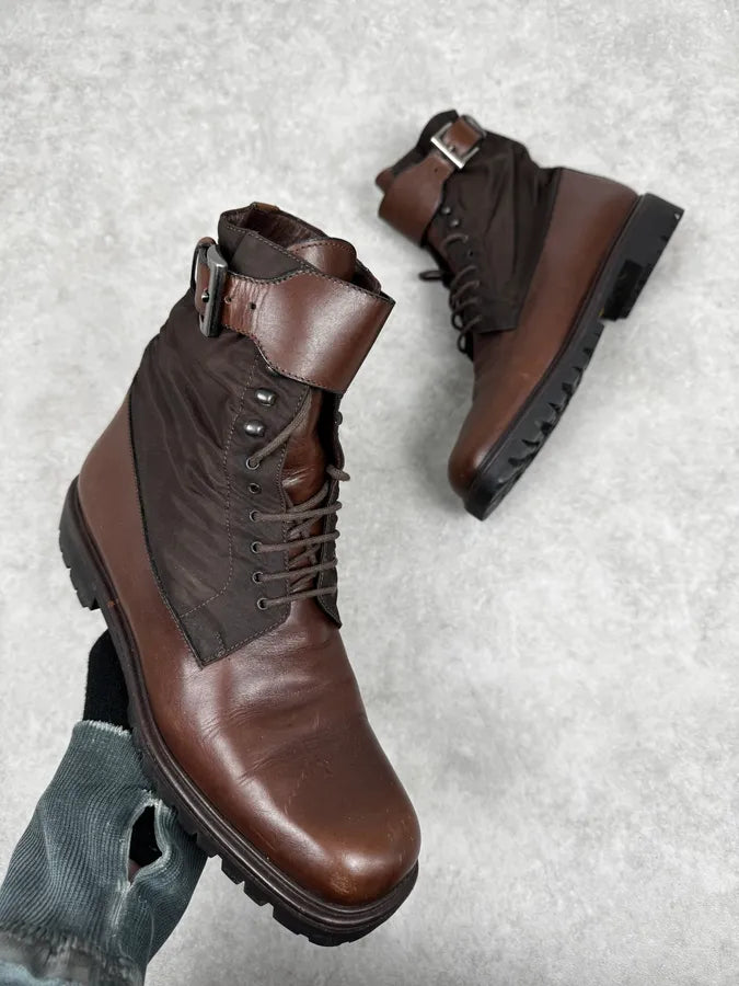 2000s Prada Vibram Brown Leather & Nylon Cargo Boots SvzAexF 0
