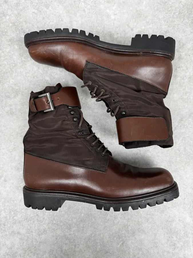 2000s Prada Vibram Brown Leather & Nylon Cargo Boots SvzAexF 1