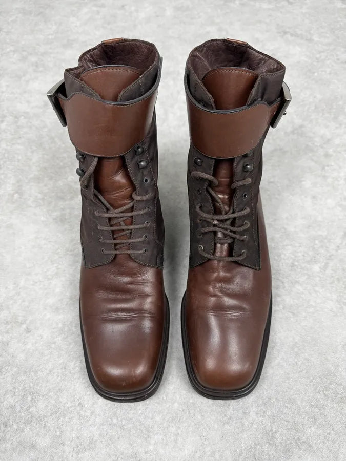 2000s Prada Vibram Brown Leather & Nylon Cargo Boots SvzAexF 2