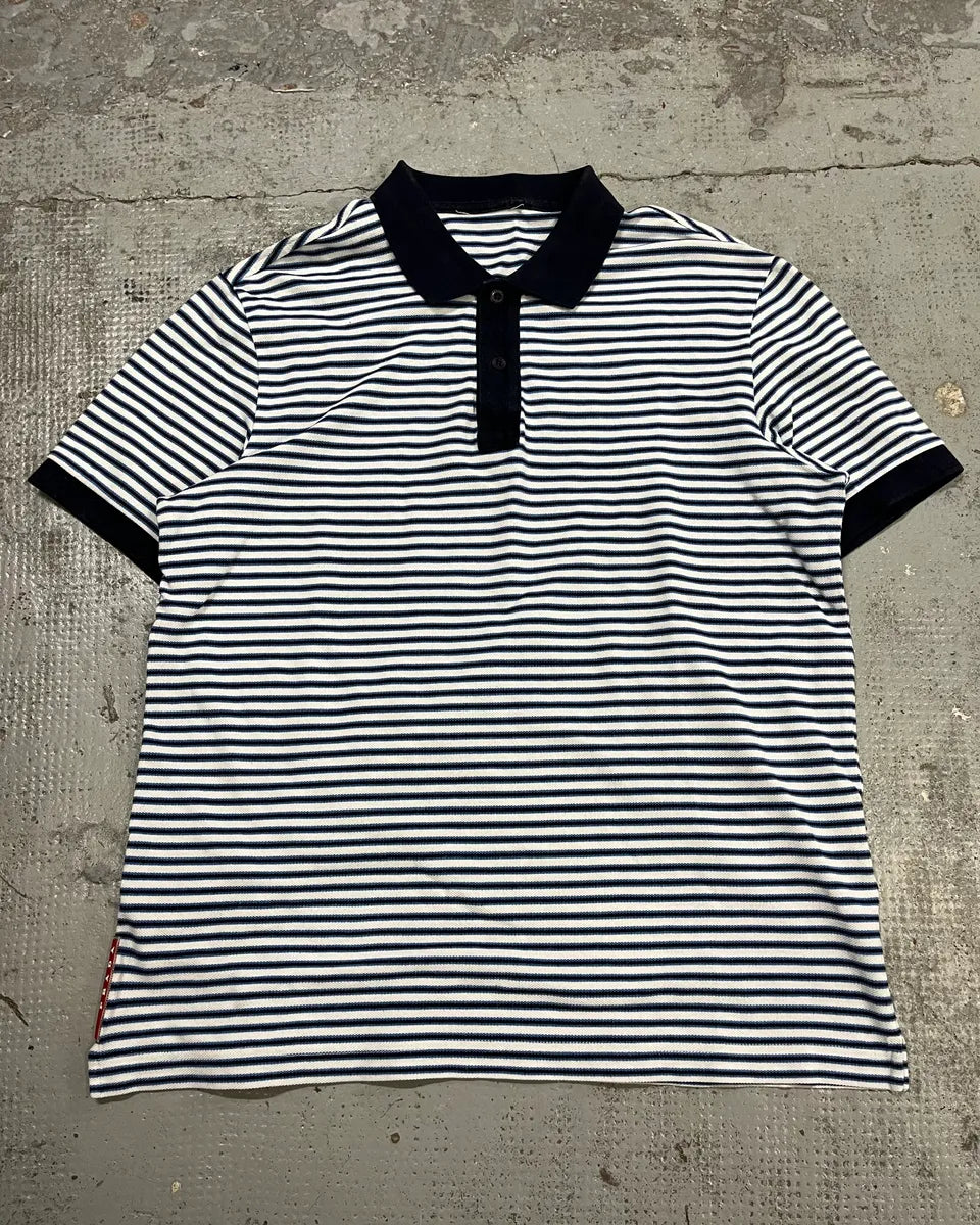 2000s Prada White & Navy Linea Rossa Striped Polo IuJKNDN 2