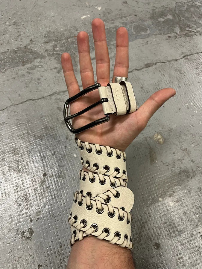 2000s Prada White Laced Eyled Leather Belt MuCYfEH 0