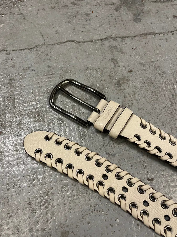 2000s Prada White Laced Eyled Leather Belt MuCYfEH 4