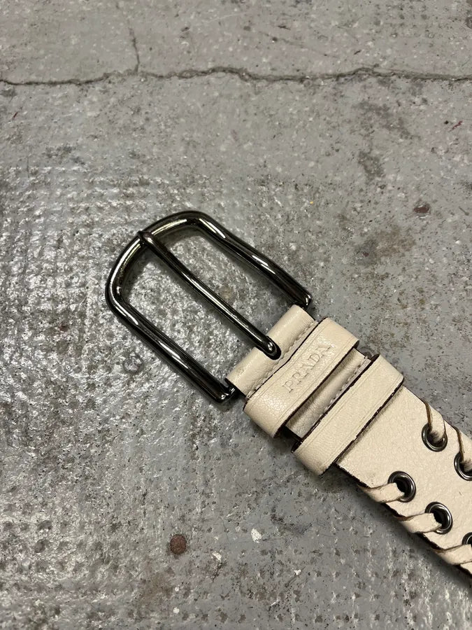 2000s Prada White Laced Eyled Leather Belt MuCYfEH 5
