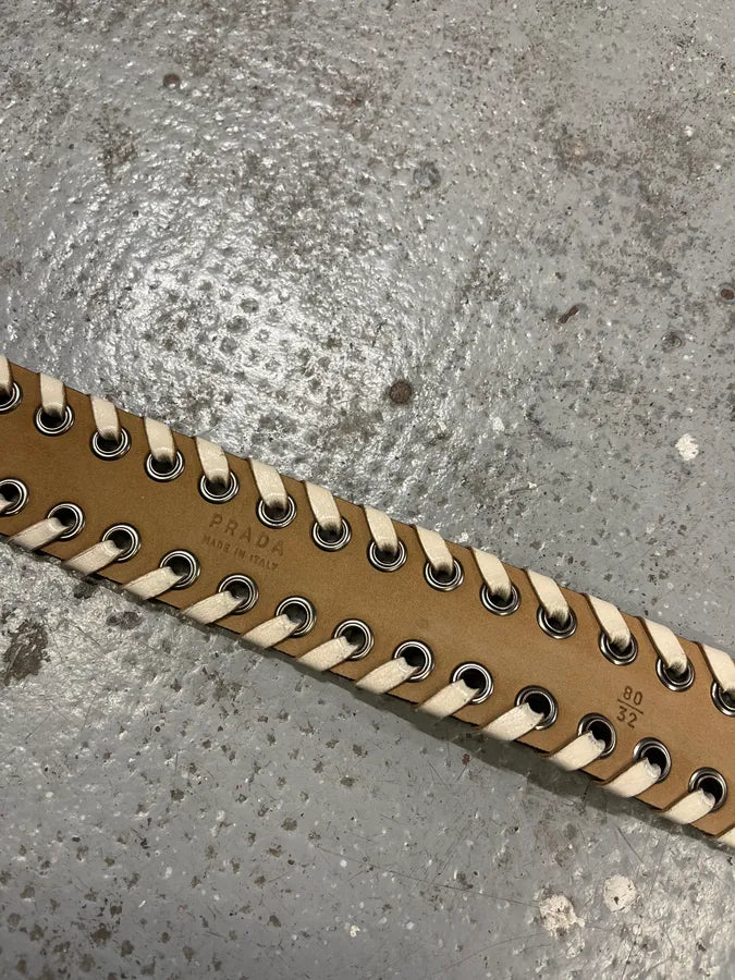 2000s Prada White Laced Eyled Leather Belt MuCYfEH 8