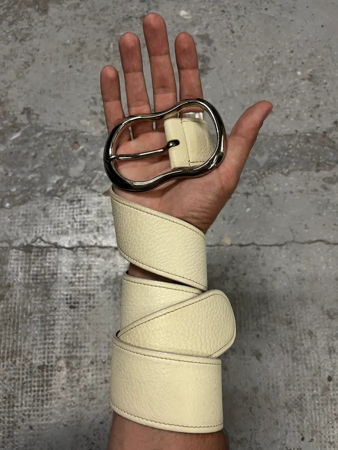 2000s Prada White Leather Signature Buckle Belt pQDtnji 0