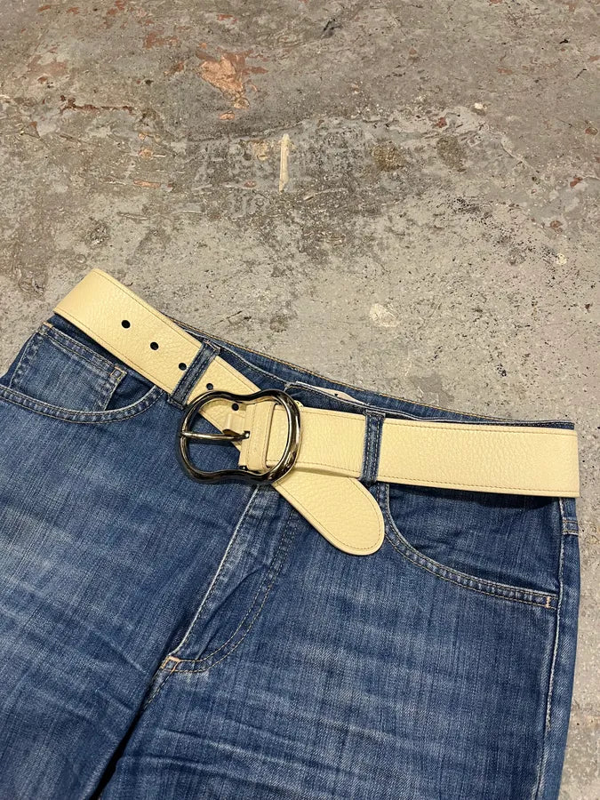 2000s Prada White Leather Signature Buckle Belt pQDtnji 2