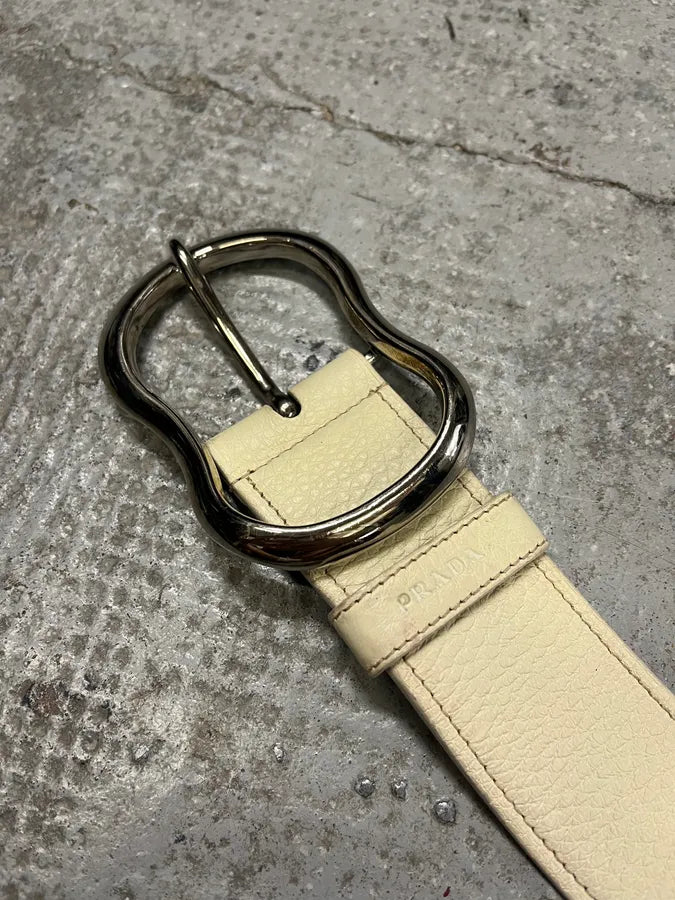 2000s Prada White Leather Signature Buckle Belt pQDtnji 5