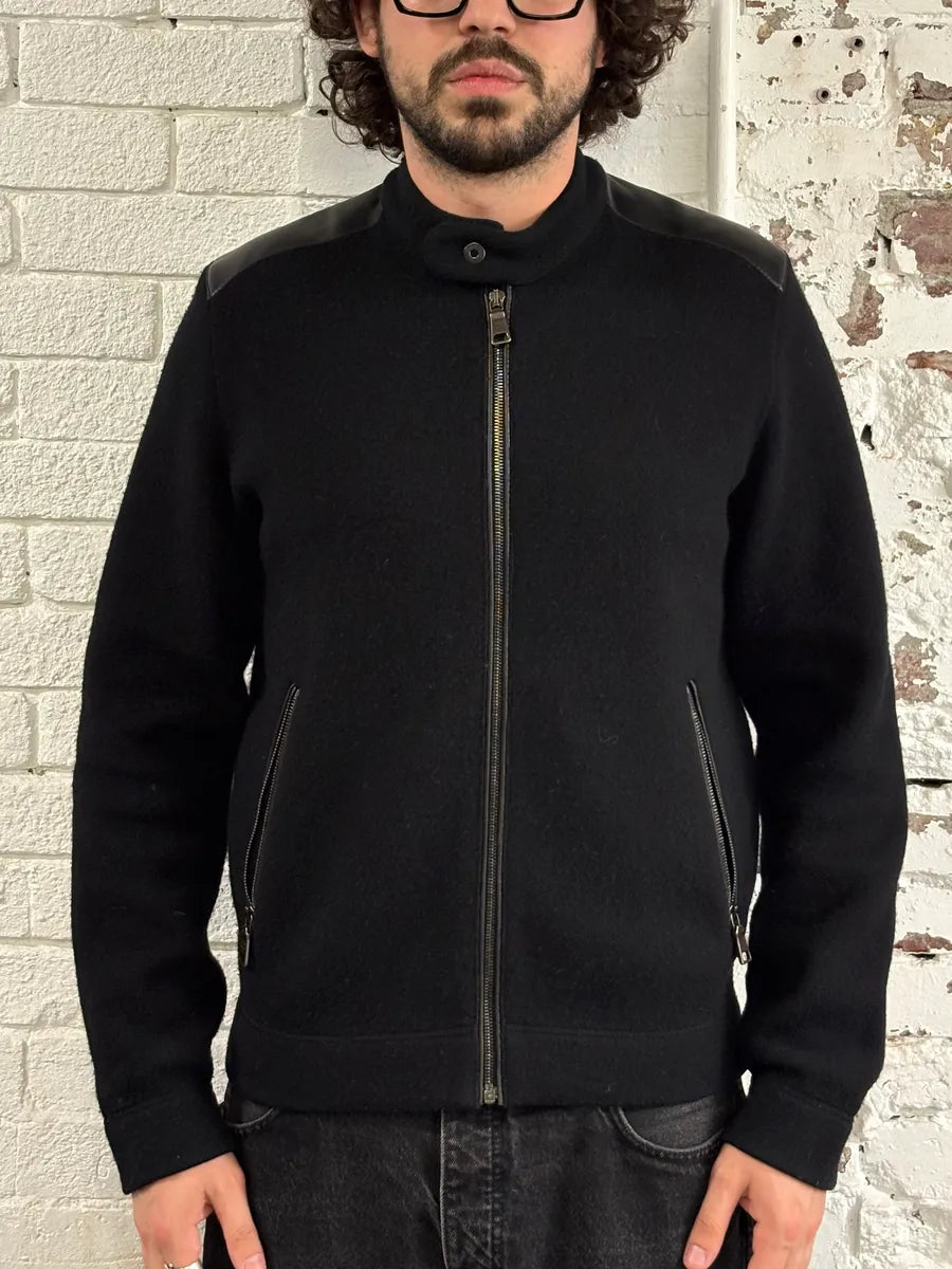 2000s Prada Wool & Leather Shoulder Black Zip-Up Sweater nXVRUbX 0