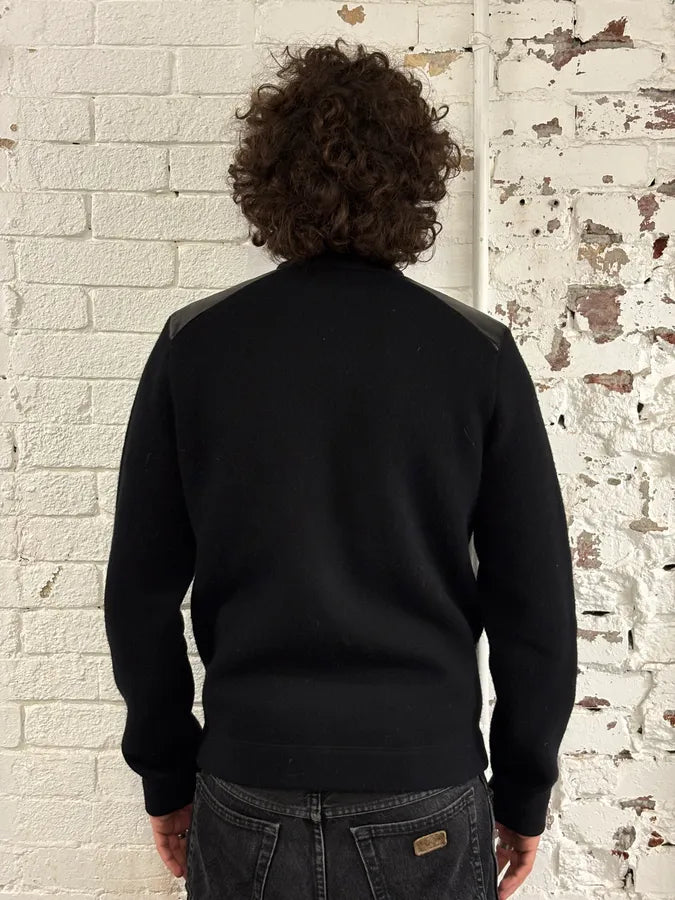 2000s Prada Wool & Leather Shoulder Black Zip-Up Sweater nXVRUbX 1