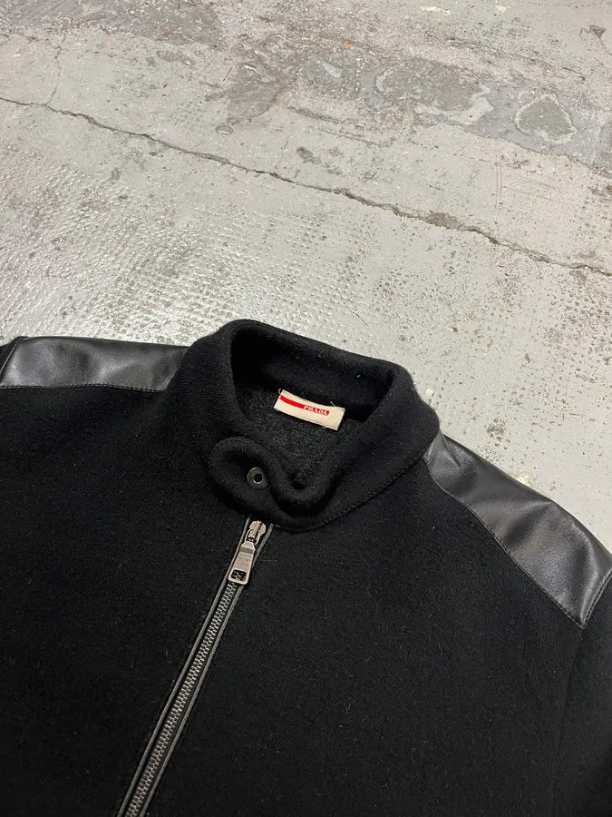 2000s Prada Wool & Leather Shoulder Black Zip-Up Sweater nXVRUbX 4