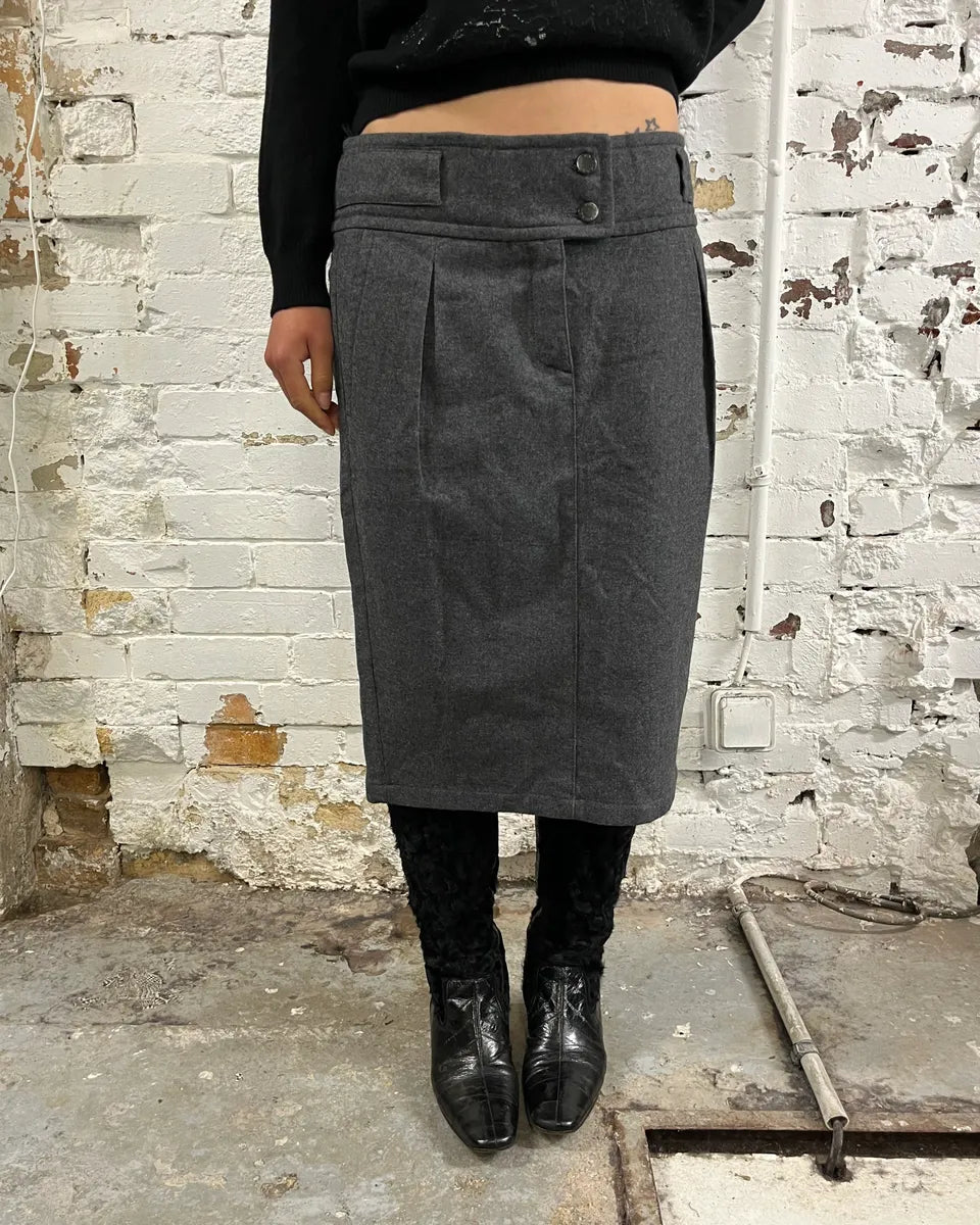 2000s Prada Wool Grey Midi Skirt MUIsHsA 0