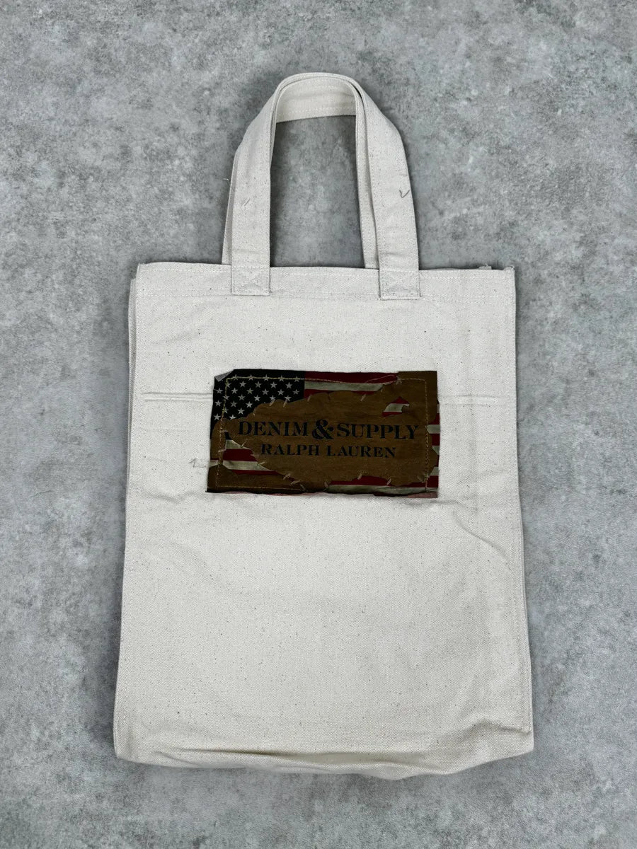 2010s Ralph Lauren Beige Distressed American Flag Tote Bag vuqbLjs 1