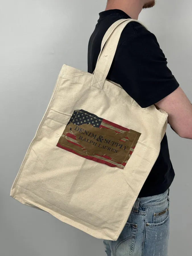 2010s Ralph Lauren Beige Distressed American Flag Tote Bag vuqbLjs 2