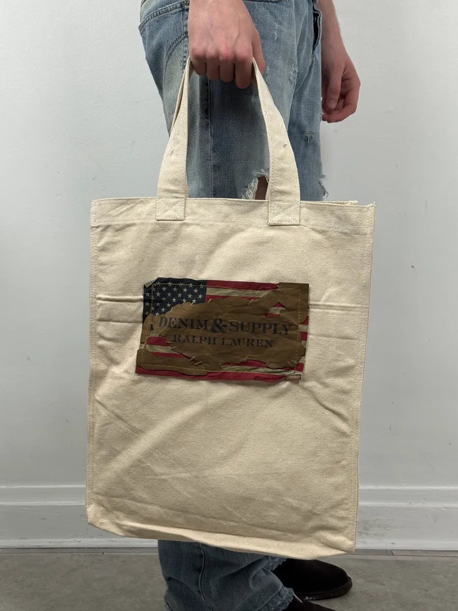2010s Ralph Lauren Beige Distressed American Flag Tote Bag vuqbLjs 0
