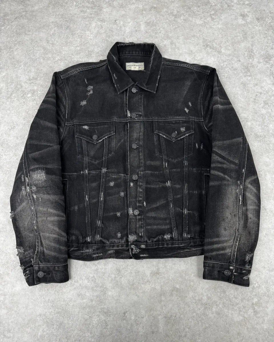 2010s Ralph Lauren Black Distressed USA Flag Denim Jacket JKrNhAy 0