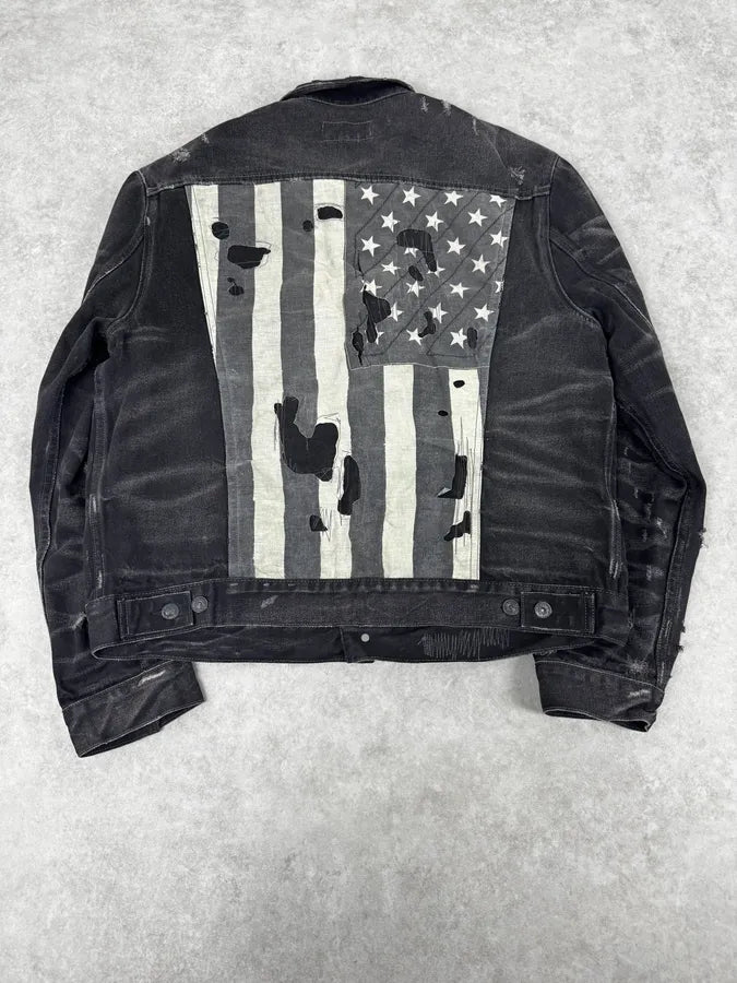 2010s Ralph Lauren Black Distressed USA Flag Denim Jacket JKrNhAy 1