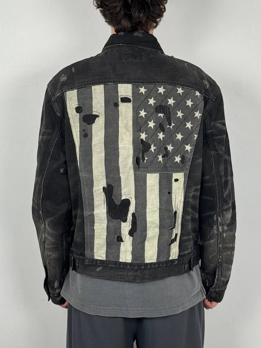 2010s Ralph Lauren Black Distressed USA Flag Denim Jacket JKrNhAy 3