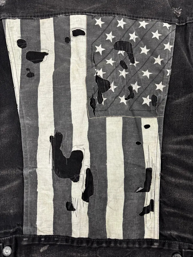 2010s Ralph Lauren Black Distressed USA Flag Denim Jacket JKrNhAy 9
