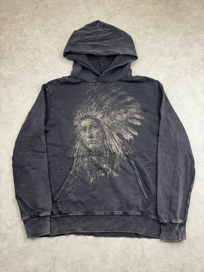 2000s Ralph Lauren Black Faded Iroquois Portrait Hoodie BFtnwsy 0