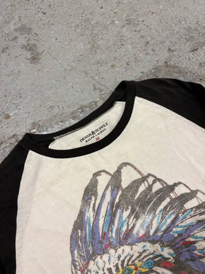 2010s Ralph Lauren Black & White Indian Chief Skull Raglan Longsleeve T-Shirt wGmKJWU 4