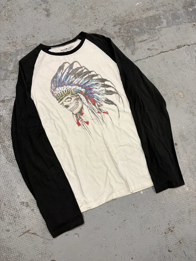 2010s Ralph Lauren Black & White Indian Chief Skull Raglan Longsleeve T-Shirt wGmKJWU 3