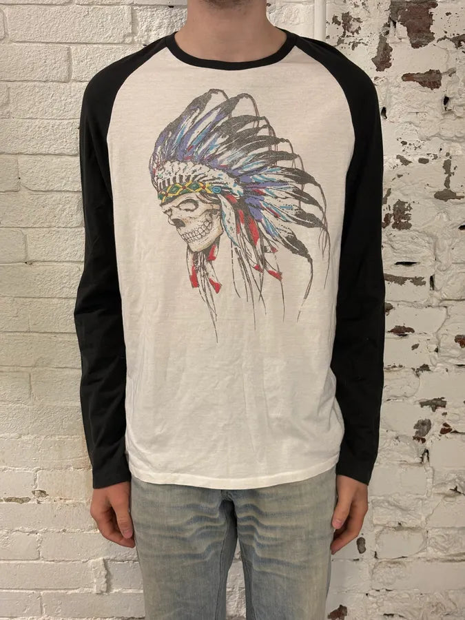 2010s Ralph Lauren Black & White Indian Chief Skull Raglan Longsleeve T-Shirt wGmKJWU 1