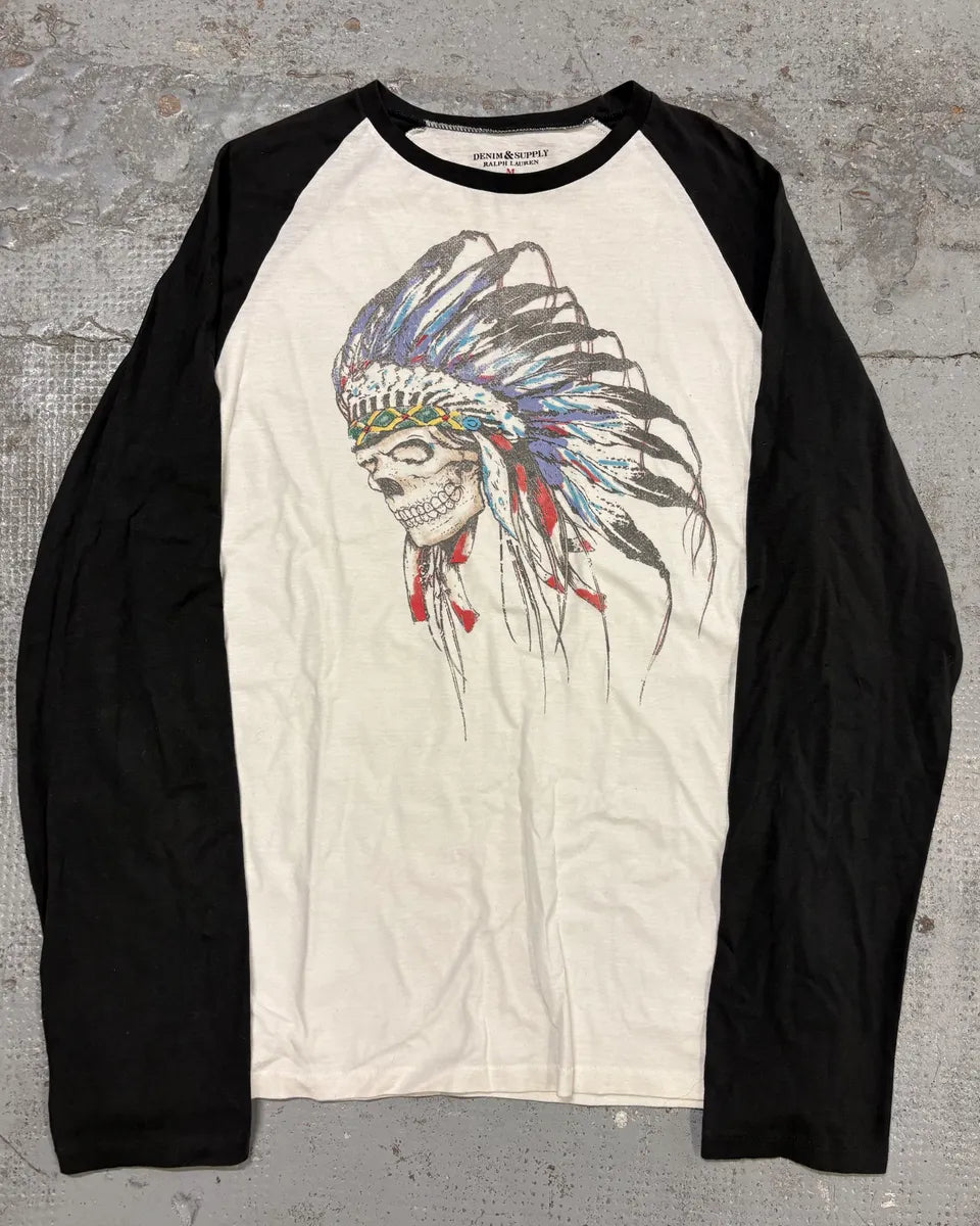 2010s Ralph Lauren Black & White Indian Chief Skull Raglan Longsleeve T-Shirt wGmKJWU 0