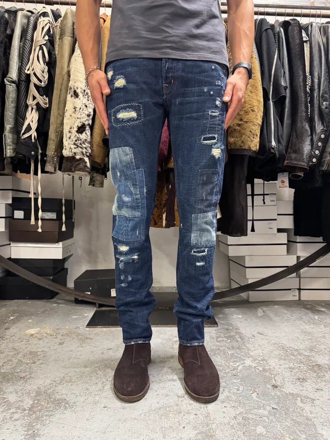 2000s Ralph Lauren Blue Patchwork Effect Slim Denim Jeans QbUtpxK 1