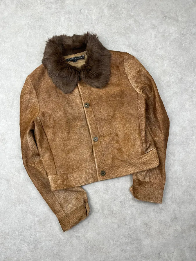 2000s Ralph Lauren Camel Cropped Wool Fur Collar Jacket QVeTGZq 4