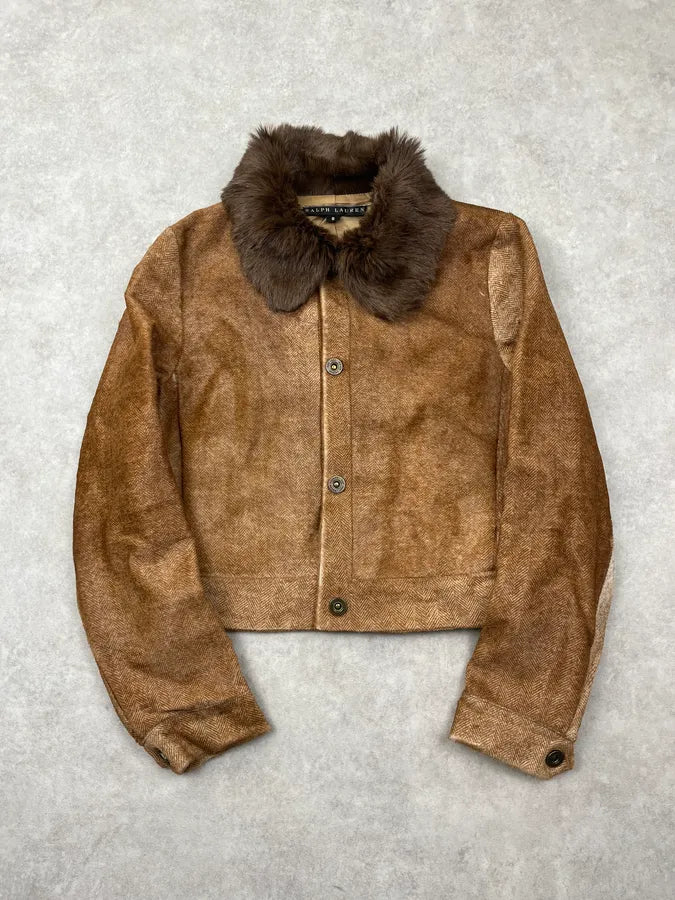 2000s Ralph Lauren Camel Cropped Wool Fur Collar Jacket QVeTGZq 0