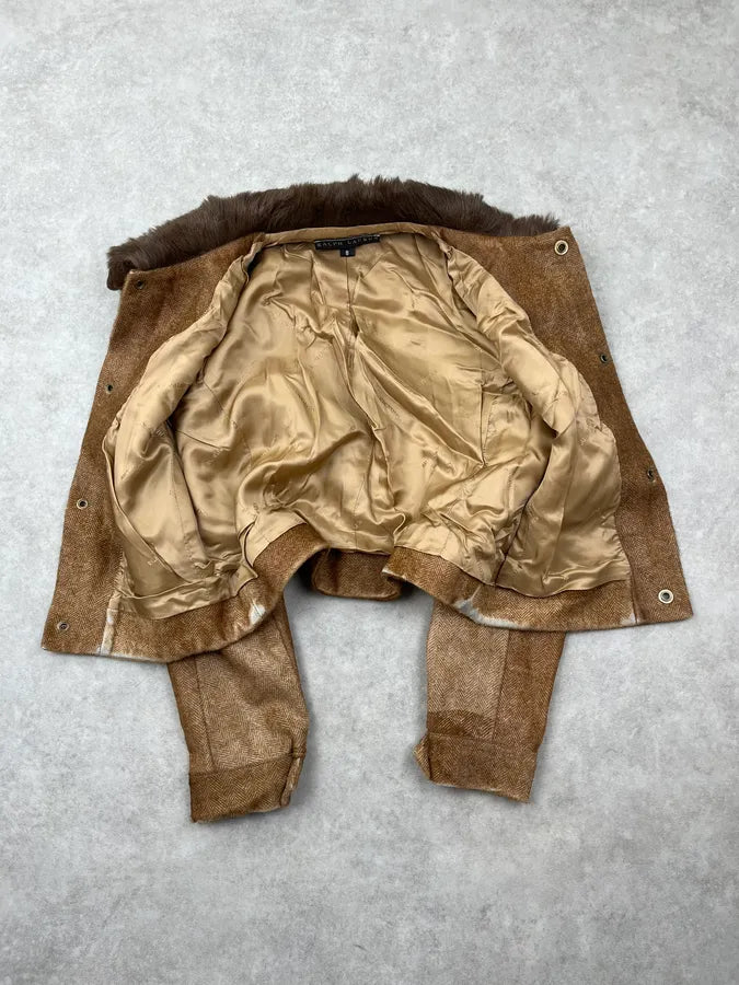 2000s Ralph Lauren Camel Cropped Wool Fur Collar Jacket QVeTGZq 6