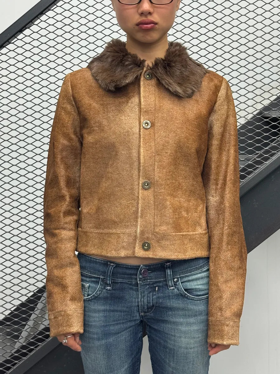 2000s Ralph Lauren Camel Cropped Wool Fur Collar Jacket QVeTGZq 1