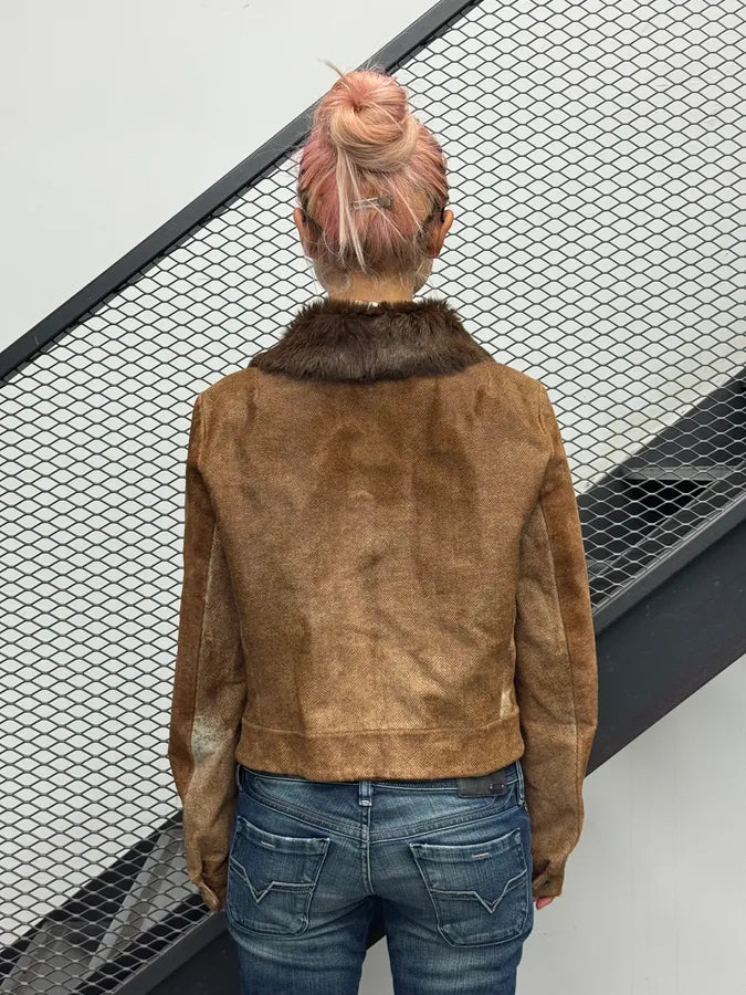 2000s Ralph Lauren Camel Cropped Wool Fur Collar Jacket QVeTGZq 2