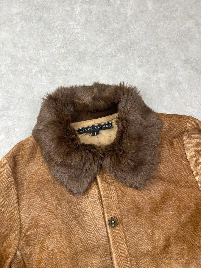 2000s Ralph Lauren Camel Cropped Wool Fur Collar Jacket QVeTGZq 3
