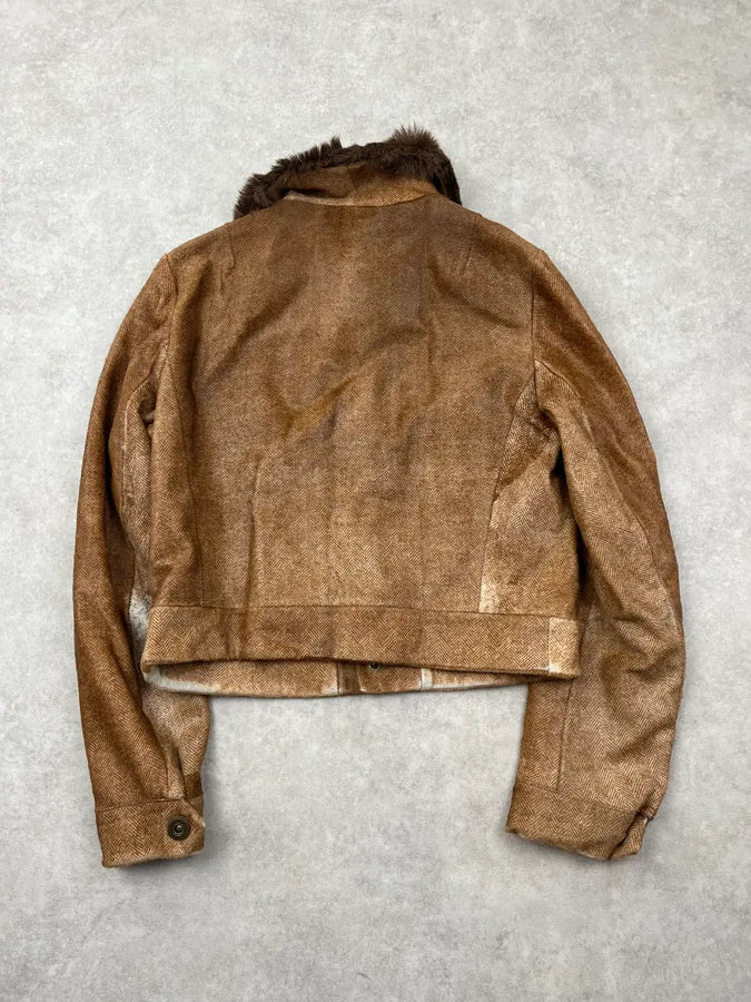2000s Ralph Lauren Camel Cropped Wool Fur Collar Jacket QVeTGZq 5