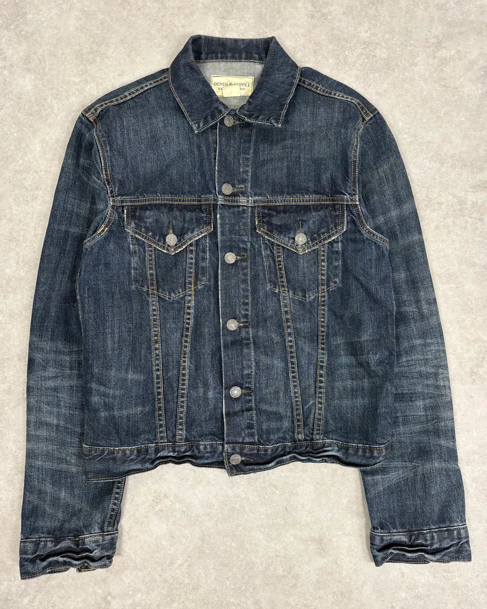 2000s Ralph Lauren Dark Blue Minimalist Stiched Denim Jacket glQhdtN 0