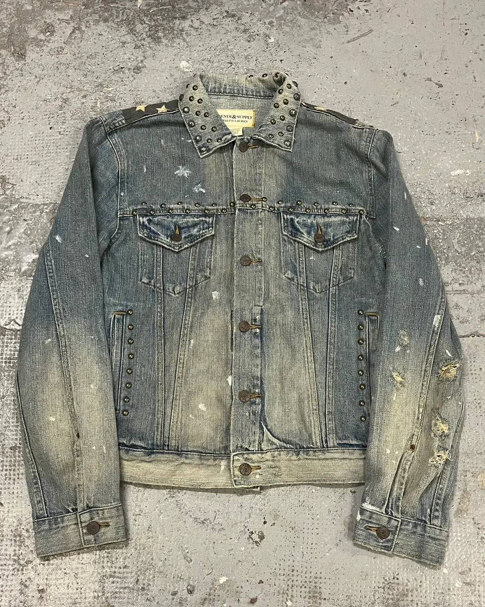 2000s Ralph Lauren Denim & Supply Blue Studded USA Flag Jacket hYAnttS 1