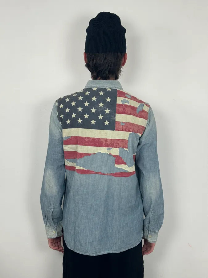 2000s Ralph Lauren Denim & Supply Destroyed USA Flag Blue Denim Shirt HtUsEky 0