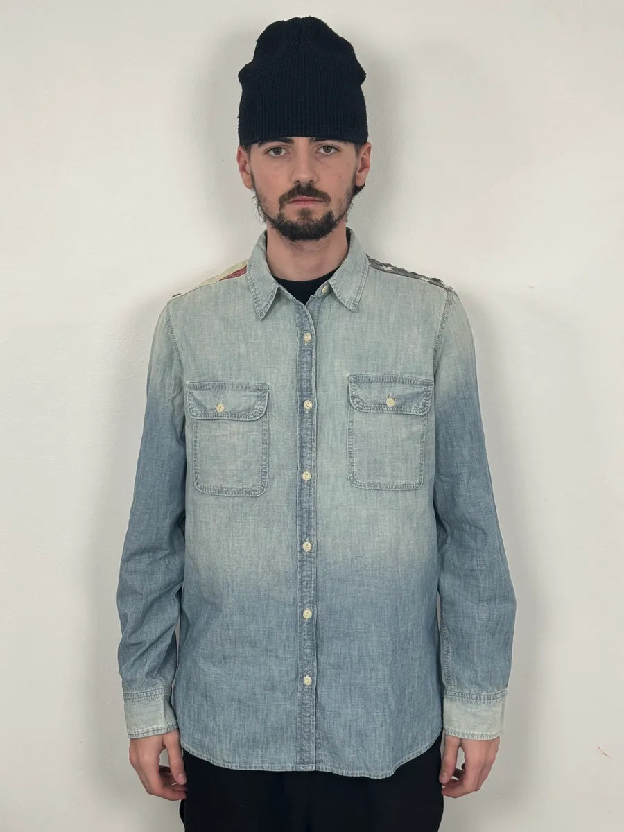 2000s Ralph Lauren Denim & Supply Destroyed USA Flag Blue Denim Shirt HtUsEky 3