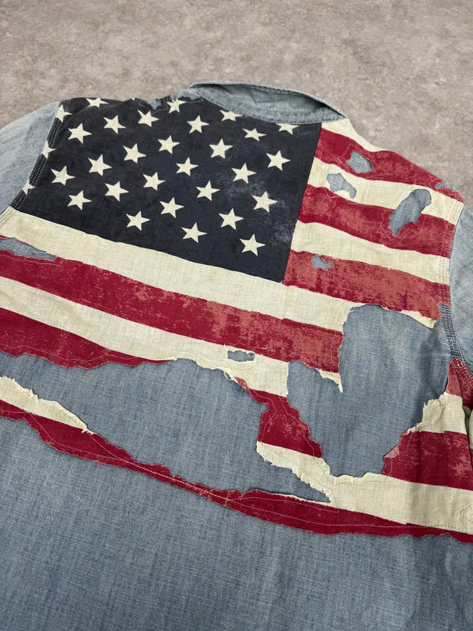 2000s Ralph Lauren Denim & Supply Destroyed USA Flag Blue Denim Shirt HtUsEky 5
